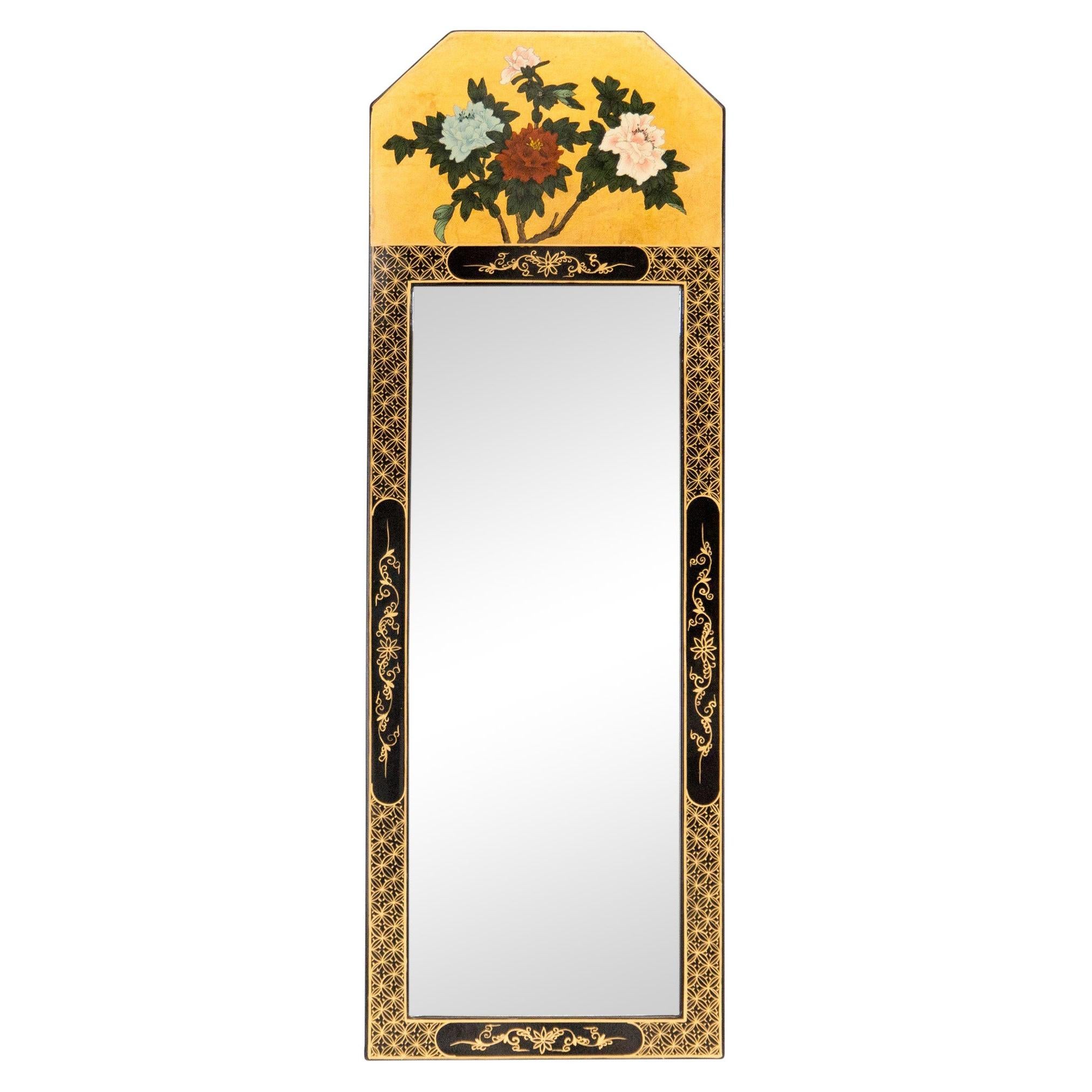 Vintage Chinoiserie Black and Gold Lacquered Floral Motif Trumeau Mirror