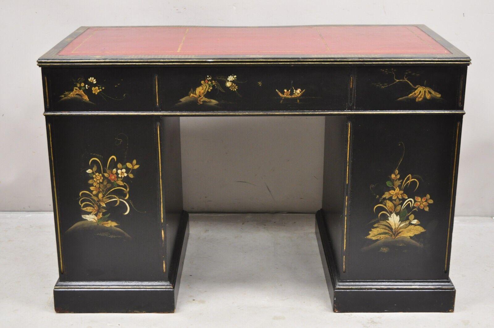 Vintage Chinoiserie Black Chinese Painted Red Leather Top Kneehole Writing Desk For Sale 7