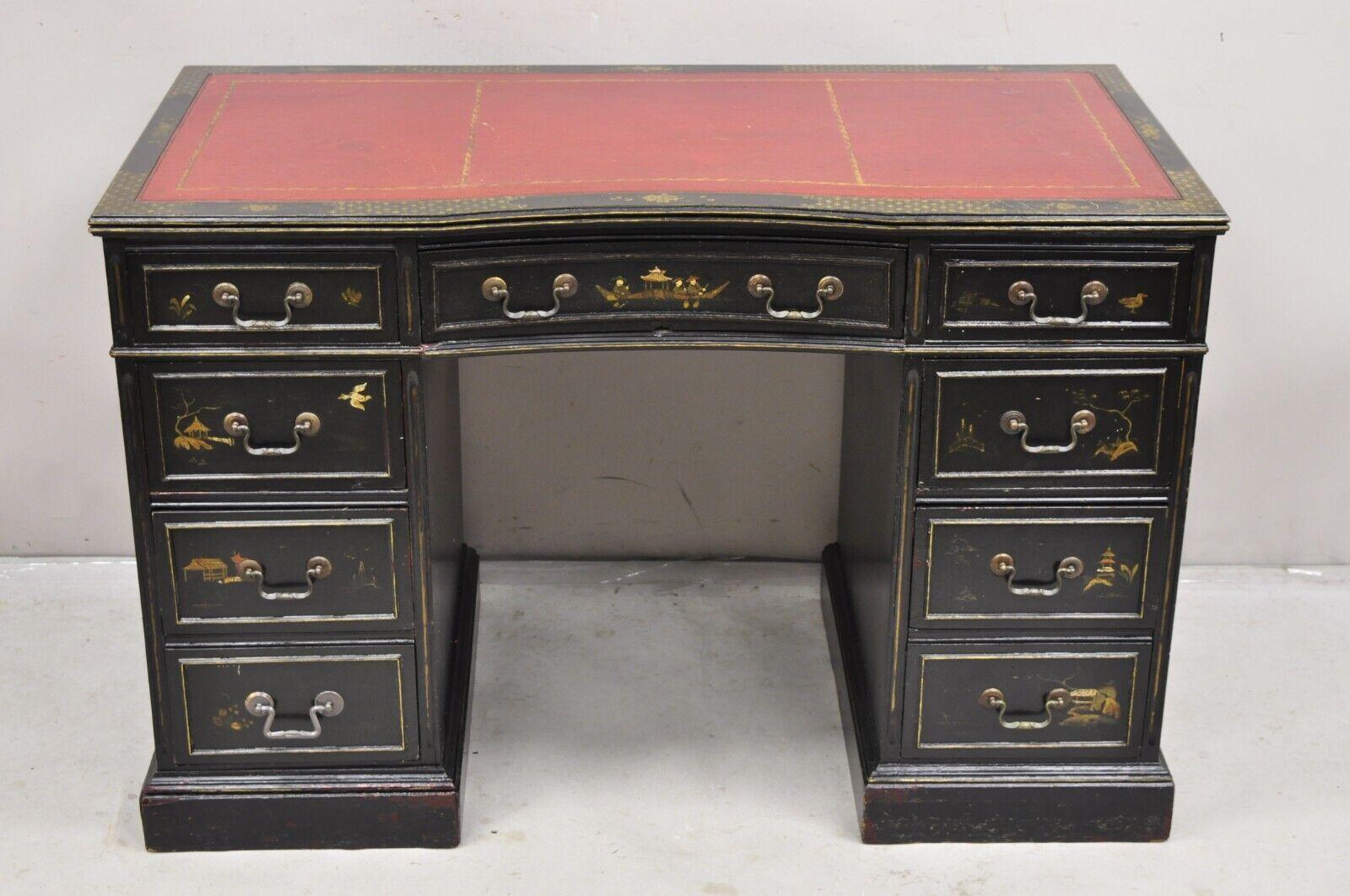 Vintage Chinoiserie Black Chinese Painted Red Leather Top Kneehole Writing Desk For Sale 8