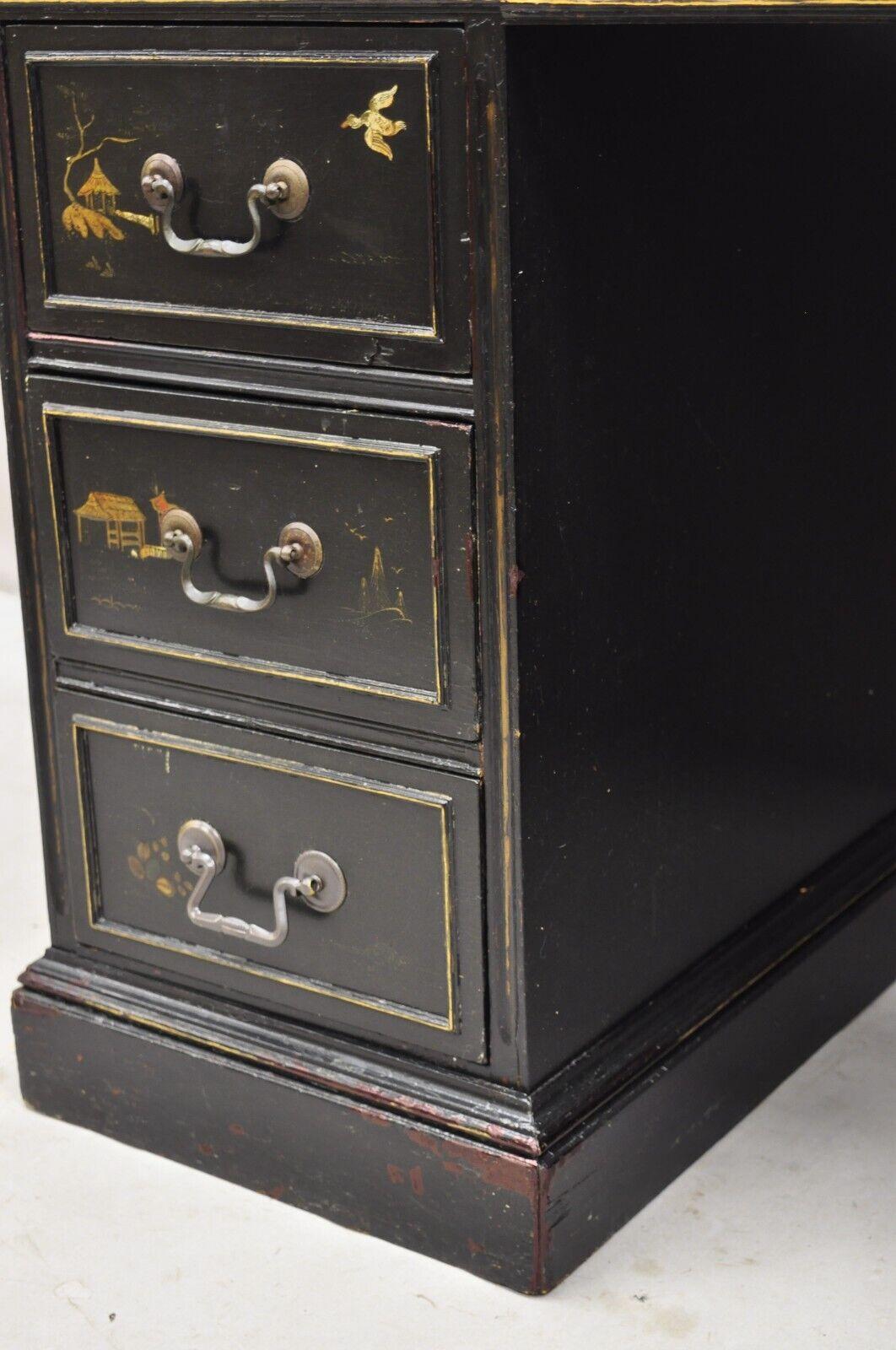 Vintage Chinoiserie Black Chinese Painted Red Leather Top Kneehole Writing Desk For Sale 9