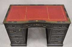 Vintage Chinoiserie Black Chinese Painted Red Leather Top Kneehole Writing Desk