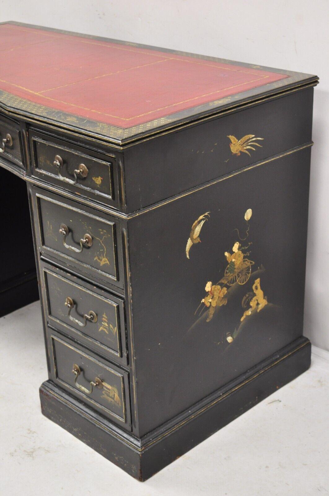 Vintage Chinoiserie Black Chinese Painted Red Leather Top Kneehole Writing Desk In Good Condition For Sale In Philadelphia, PA