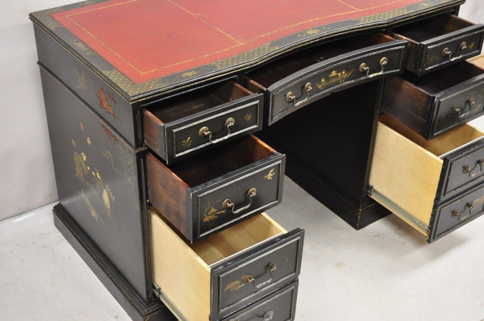 20th Century Vintage Chinoiserie Black Chinese Painted Red Leather Top Kneehole Writing Desk For Sale