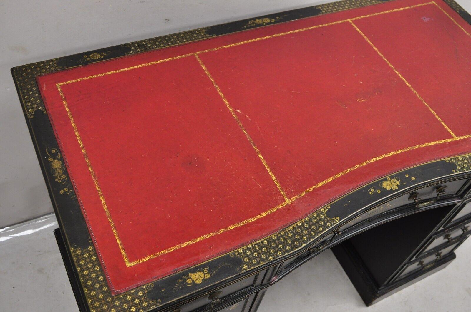 Vintage Chinoiserie Black Chinese Painted Red Leather Top Kneehole Writing Desk For Sale 2