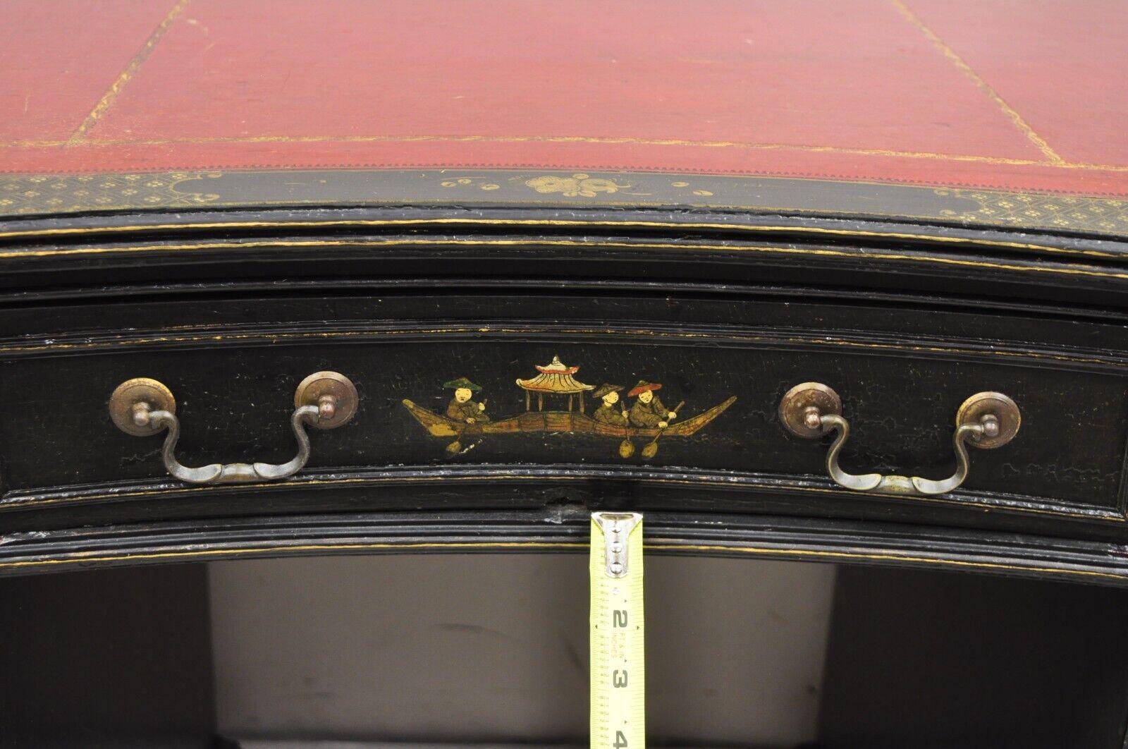 Vintage Chinoiserie Black Chinese Painted Red Leather Top Kneehole Writing Desk For Sale 3