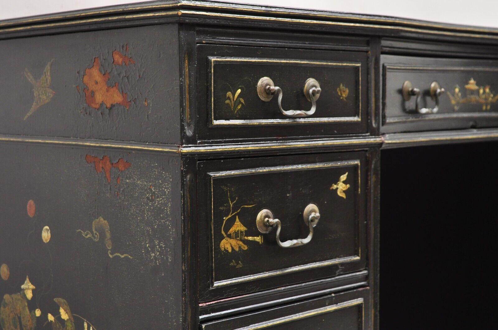 Vintage Chinoiserie Black Chinese Painted Red Leather Top Kneehole Writing Desk For Sale 4