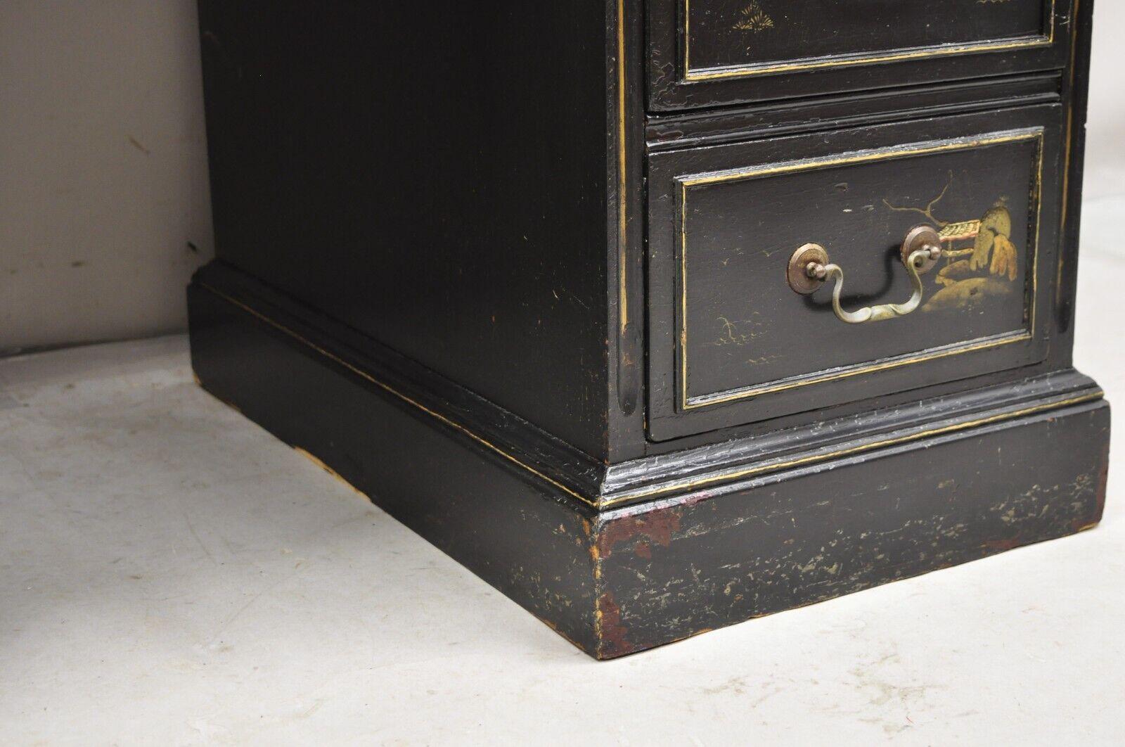 Vintage Chinoiserie Black Chinese Painted Red Leather Top Kneehole Writing Desk For Sale 5