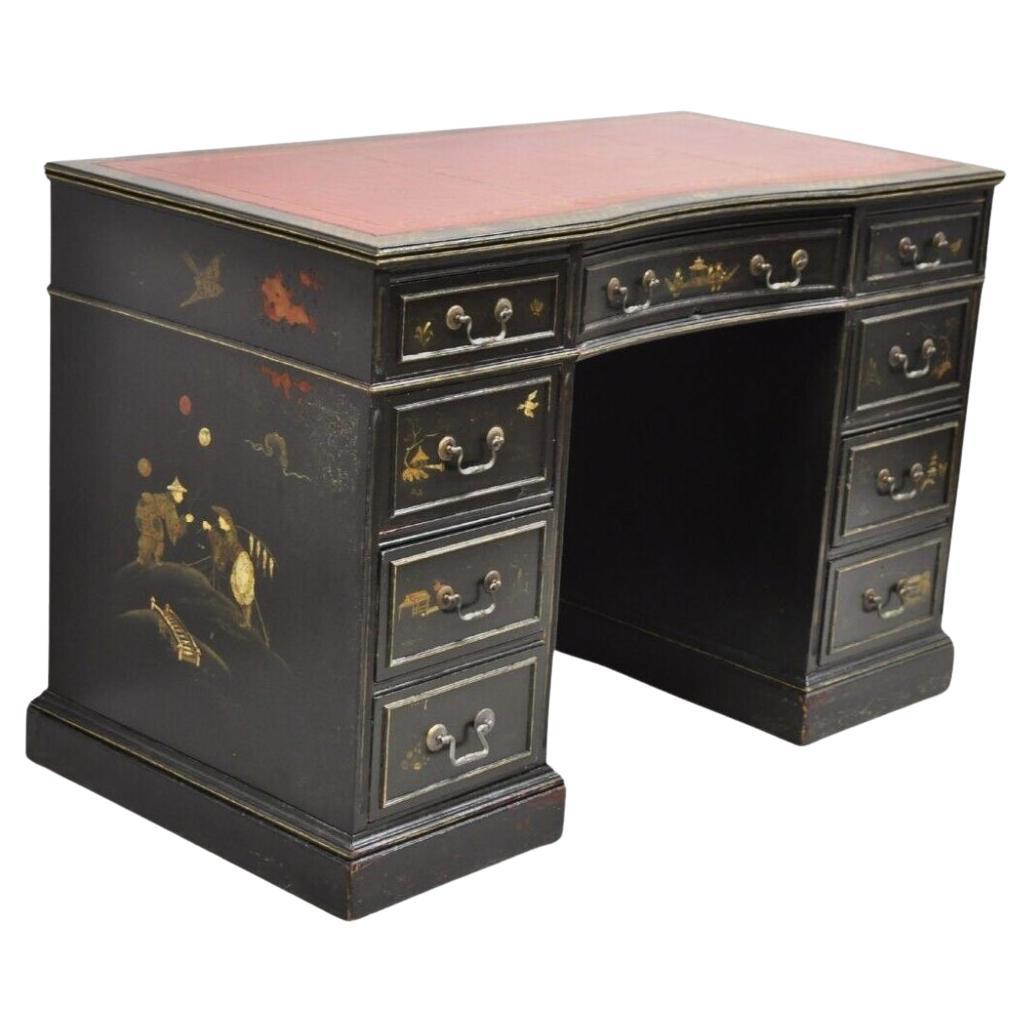 Vintage Chinoiserie Black Chinese Painted Red Leather Top Kneehole Writing Desk For Sale