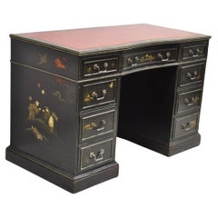 Used Chinoiserie Black Chinese Painted Red Leather Top Kneehole Writing Desk