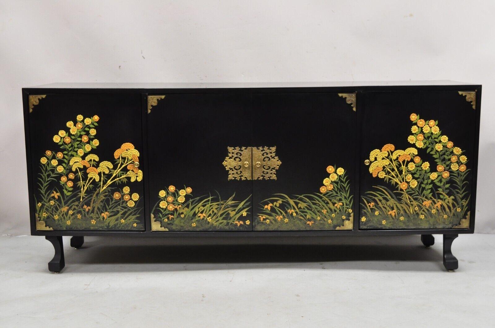 Vintage Chinoiserie Black Lacquer Hand Painted Floral Credenza Cabinet Sideboard 6