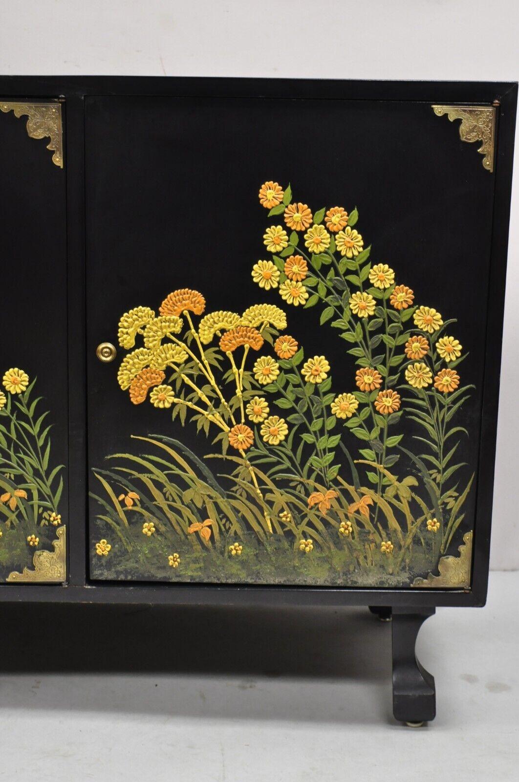 20th Century Vintage Chinoiserie Black Lacquer Hand Painted Floral Credenza Cabinet Sideboard For Sale