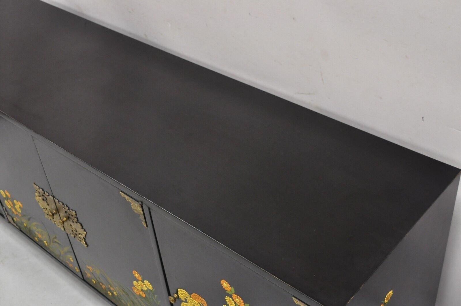 Wood Vintage Chinoiserie Black Lacquer Hand Painted Floral Credenza Cabinet Sideboard For Sale