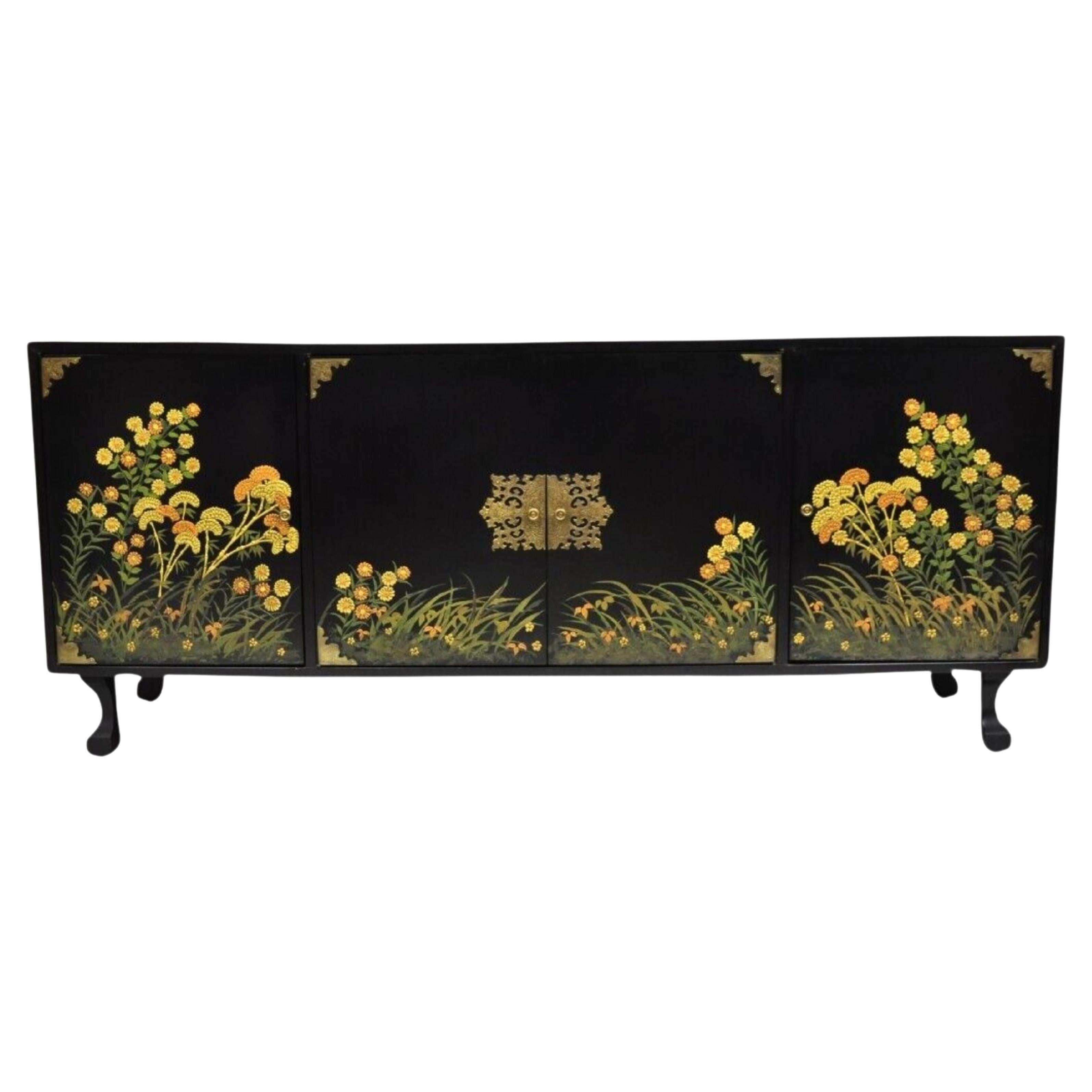 Vintage Chinoiserie Black Lacquer Hand Painted Floral Credenza Cabinet Sideboard For Sale