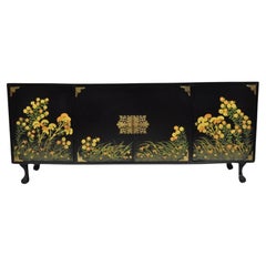 Retro Chinoiserie Black Lacquer Hand Painted Floral Credenza Cabinet Sideboard