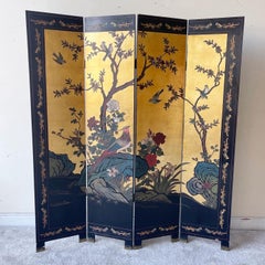 Retro Chinoiserie Black Lacquered and Gold Hand Carved Room Divider/Screen