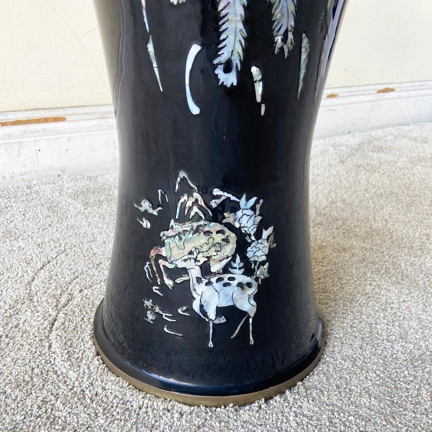 Chinese Export Vintage Chinoiserie Black Lacquered Brass and Mother of Pearl Floor Vase