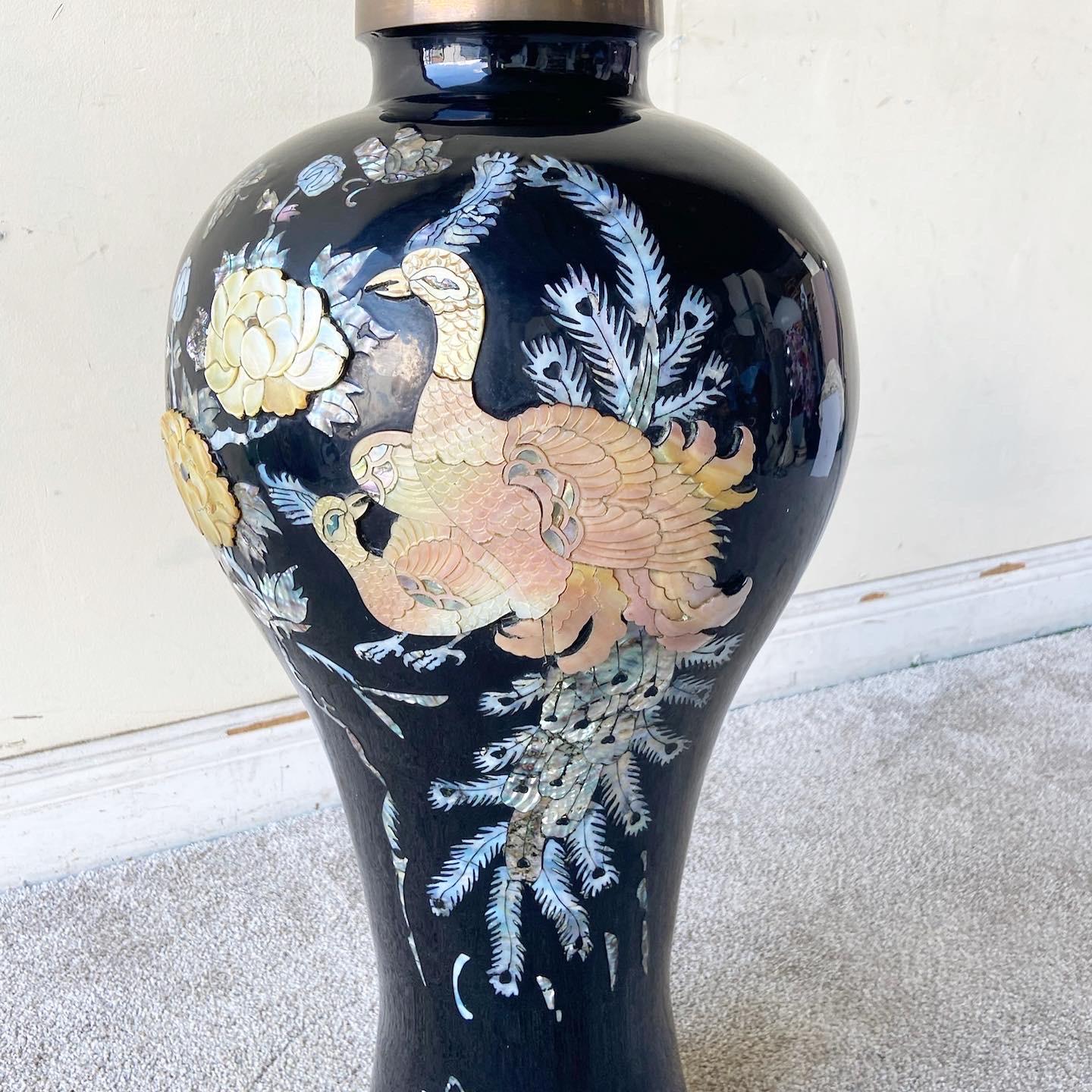 Chinese Vintage Chinoiserie Black Lacquered Brass and Mother of Pearl Floor Vase