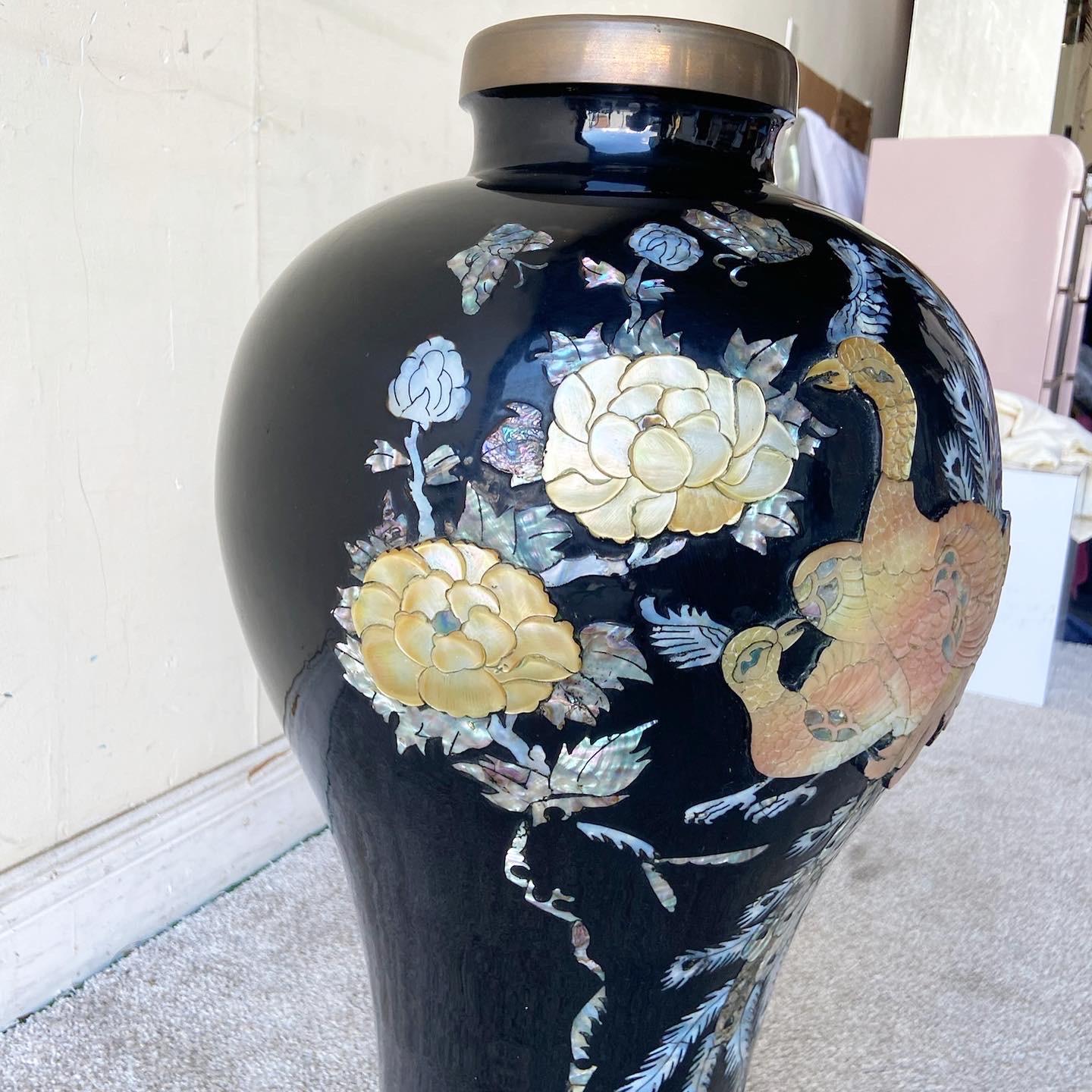 Vintage Chinoiserie Black Lacquered Brass and Mother of Pearl Floor Vase In Good Condition In Delray Beach, FL