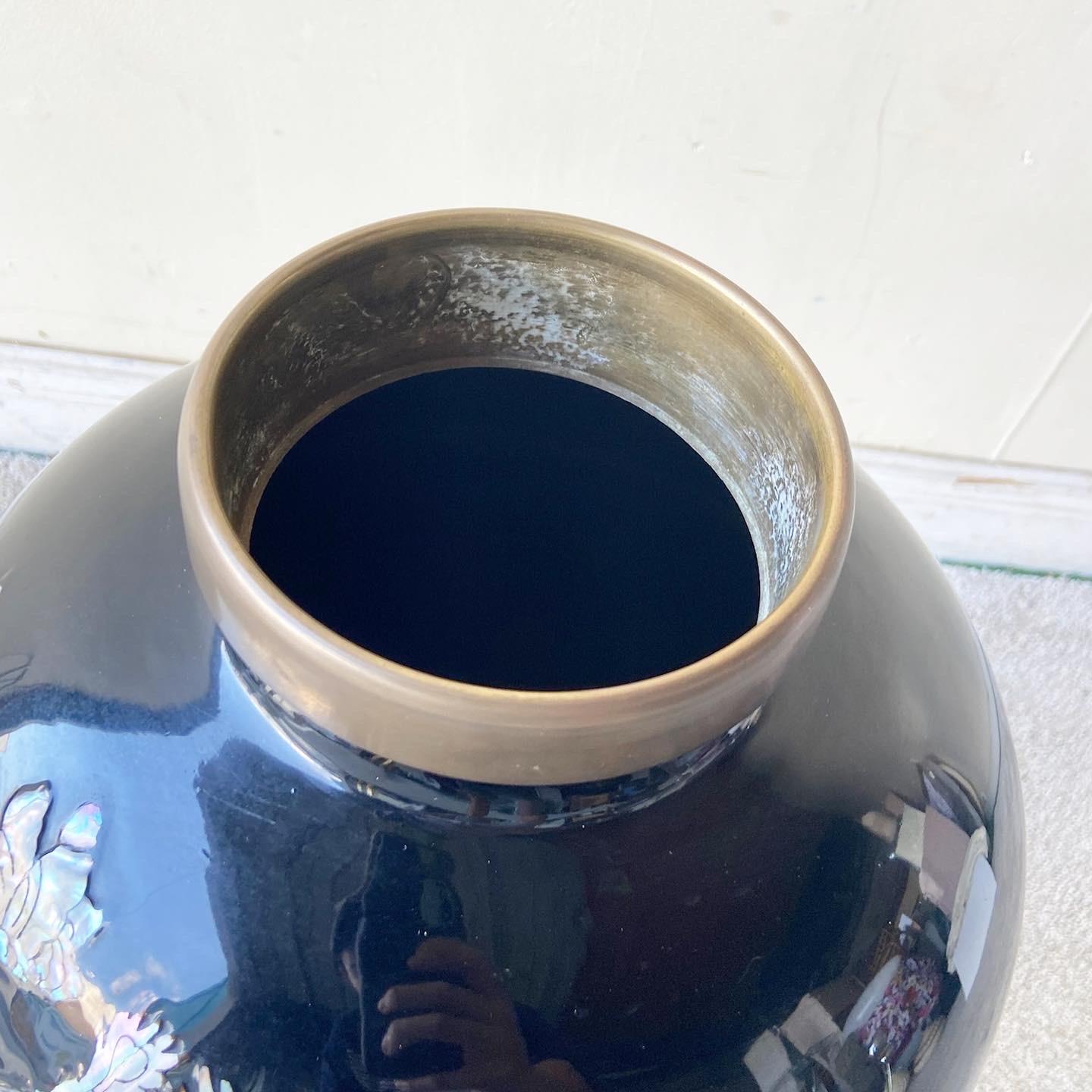 Late 20th Century Vintage Chinoiserie Black Lacquered Brass and Mother of Pearl Floor Vase