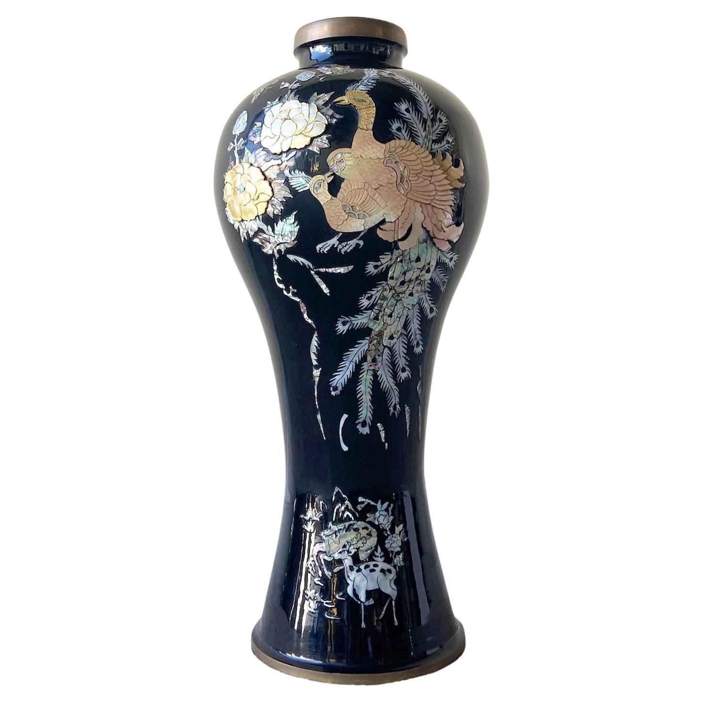 Vintage Chinoiserie Black Lacquered Brass and Mother of Pearl Floor Vase
