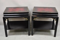 Vintage Chinoiserie Black Lacquered Red Leather Top 2 Tier End Tables - a Pair