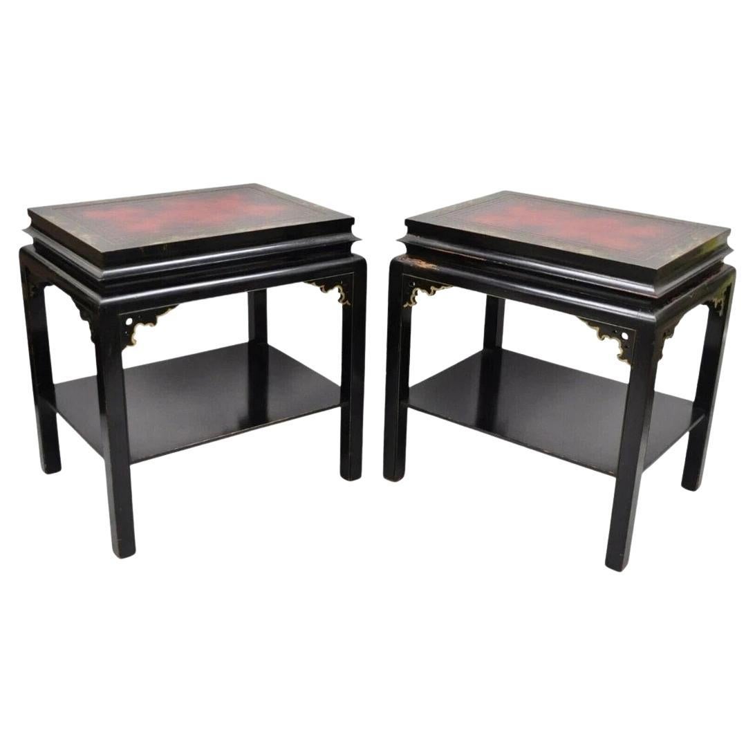 Vintage Chinoiserie Black Lacquered Red Leather Top 2 Tier End Tables - a Pair For Sale