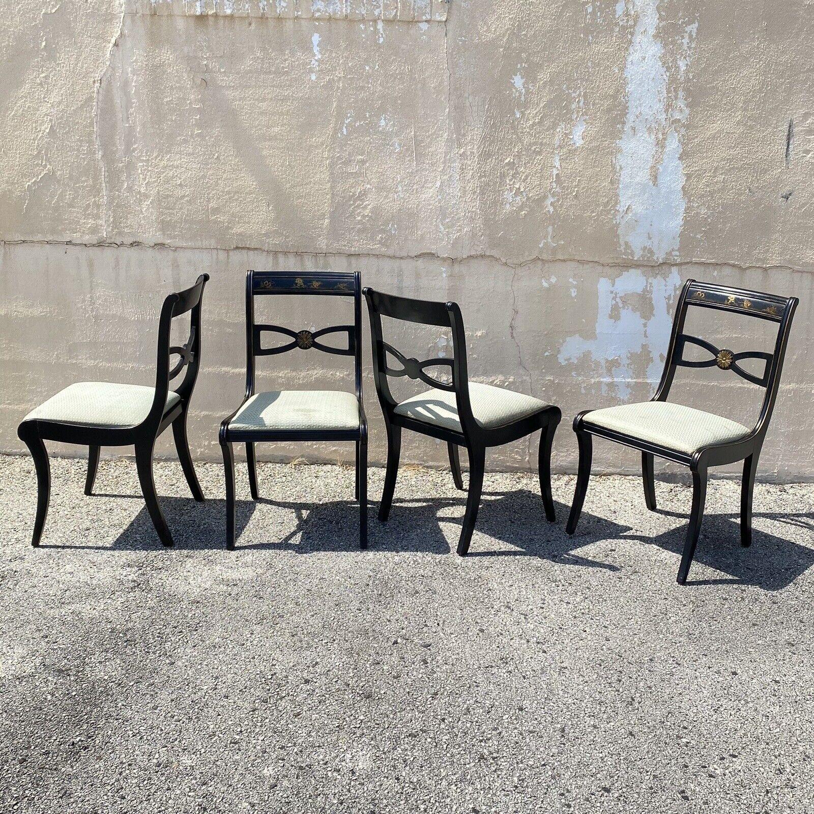 Vintage Chinoiserie Black Painted Asian Regency Style Dining Chairs - Set of 4 In Fair Condition In Philadelphia, PA