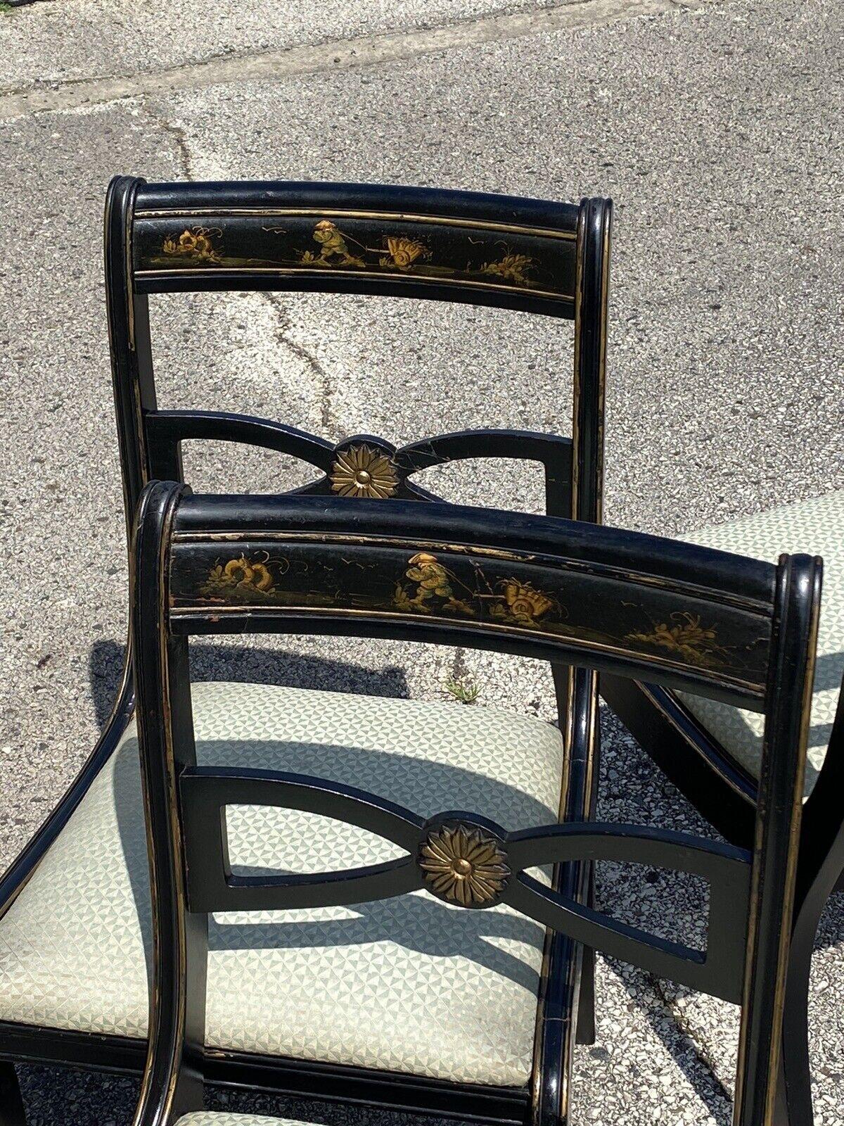 20th Century Vintage Chinoiserie Black Painted Asian Regency Style Dining Chairs - Set of 4