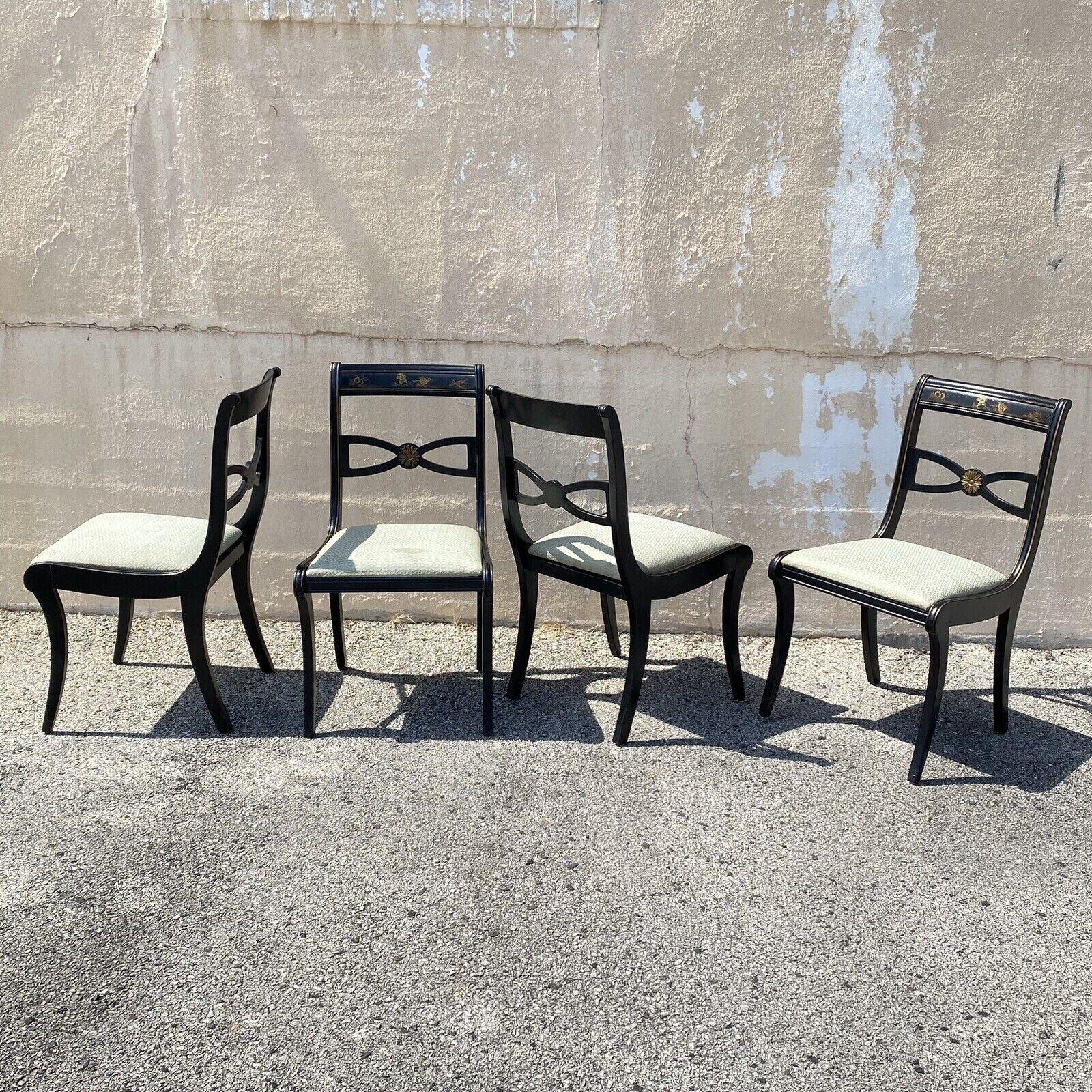 Vintage Chinoiserie Black Painted Asian Regency Style Dining Chairs - Set of 4 3