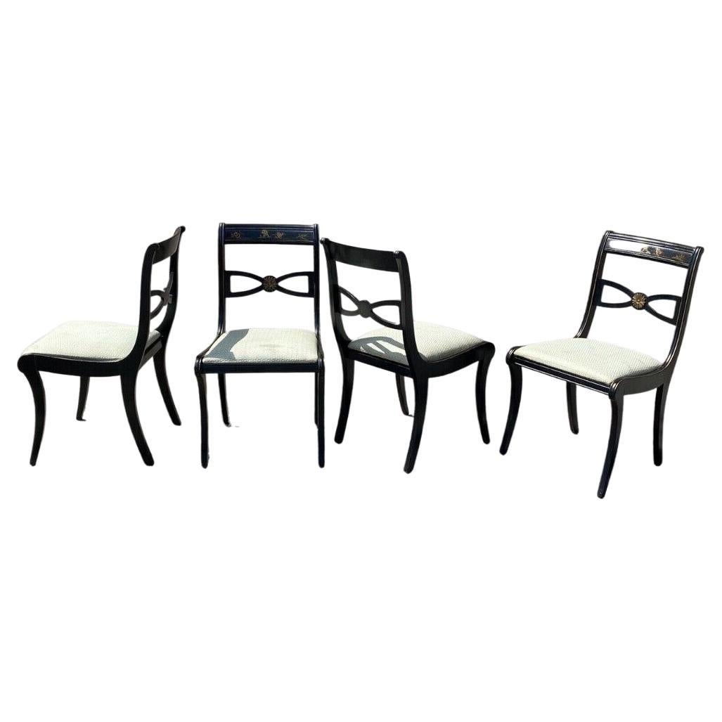 Vintage Chinoiserie Black Painted Asian Regency Style Dining Chairs - Set of 4