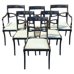 Vintage Chinoiserie Black Painted Asian Regency Style Dining Chairs - Set of 6