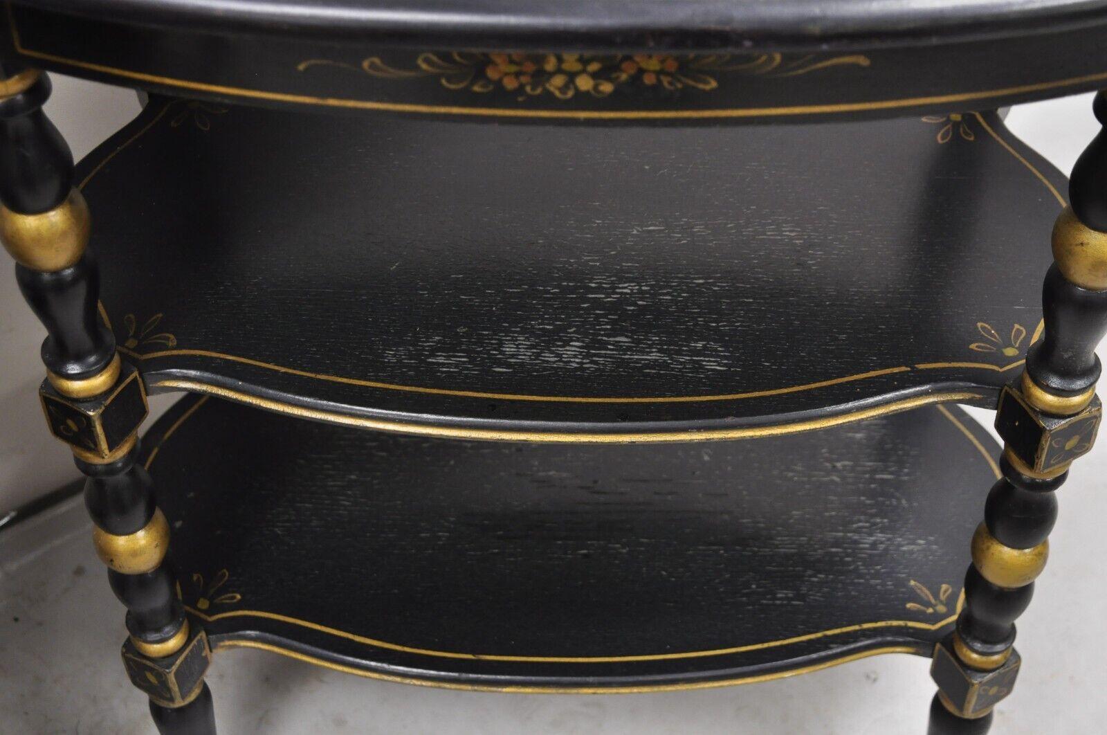 Vintage Chinoiserie Black Painted Oval 3 Tier Side Tables by Yeager - a Pair 5