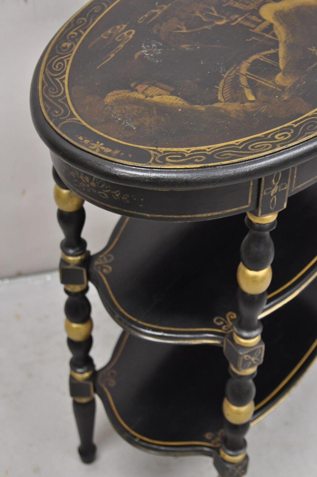 Vintage Chinoiserie Black Painted Oval 3 Tier Side Tables by Yeager - a Pair 7