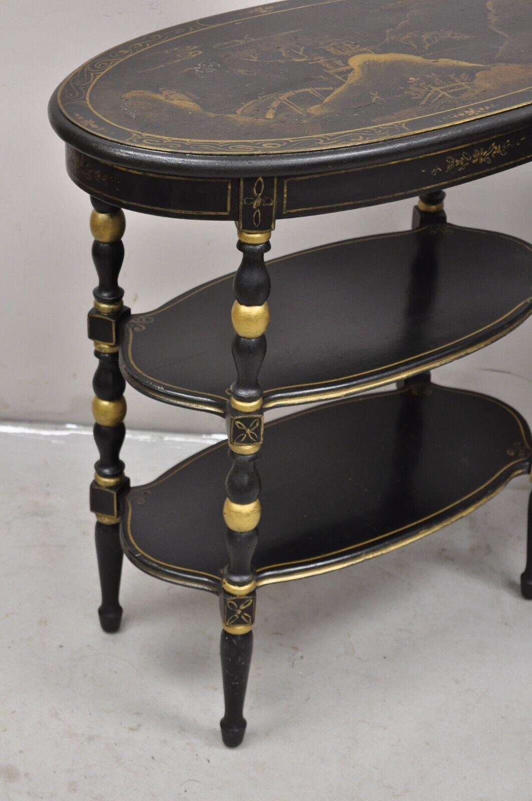 Vintage Chinoiserie Black Painted Oval 3 Tier Side Tables by Yeager - a Pair In Good Condition In Philadelphia, PA