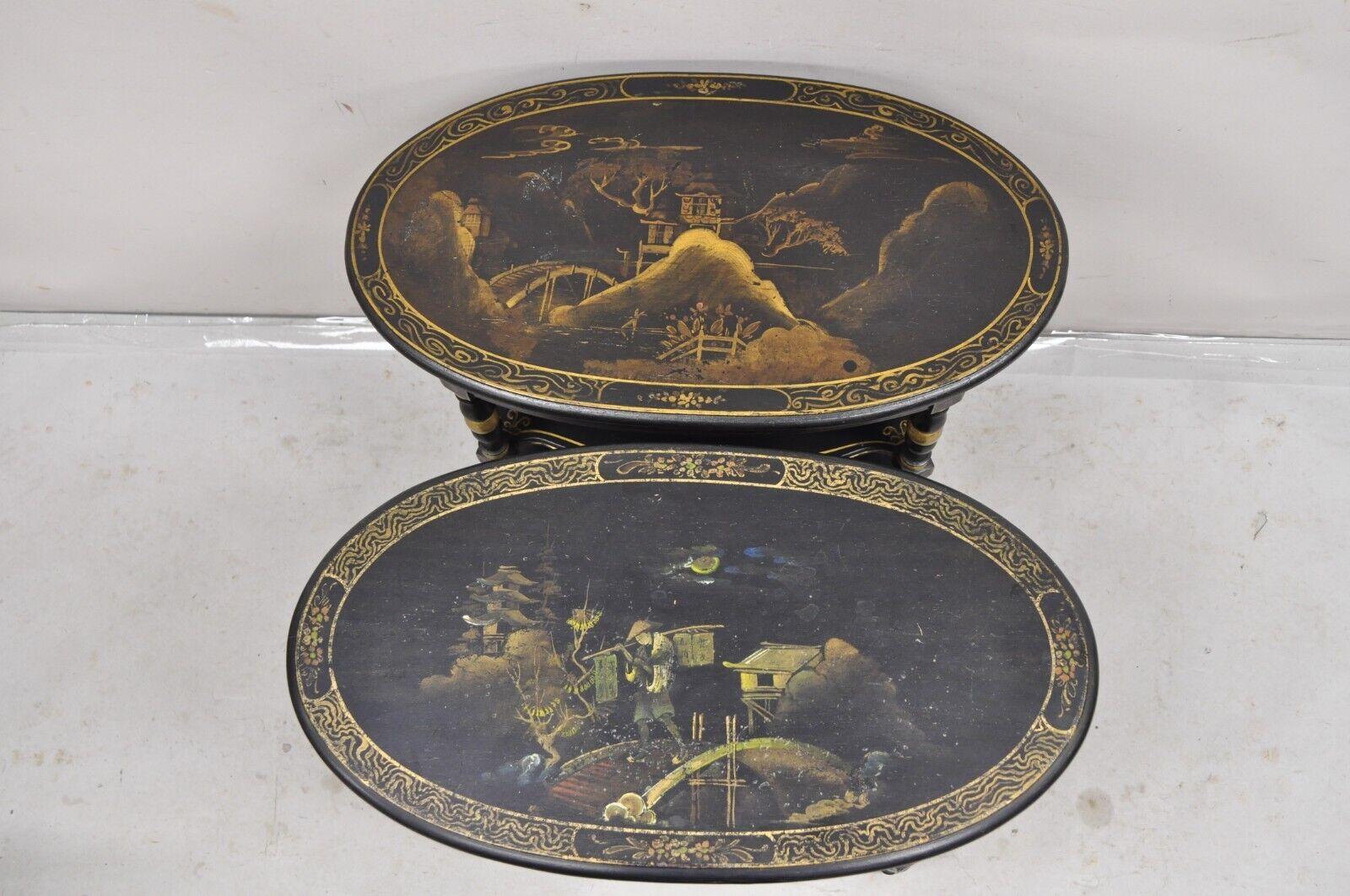 20th Century Vintage Chinoiserie Black Painted Oval 3 Tier Side Tables by Yeager - a Pair