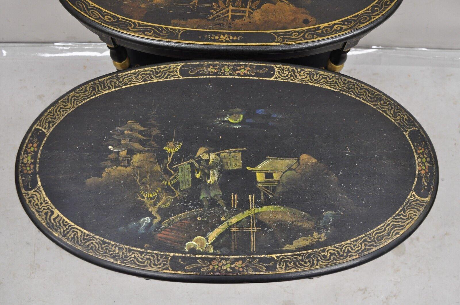Vintage Chinoiserie Black Painted Oval 3 Tier Side Tables by Yeager - a Pair 2