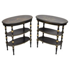 Vintage Chinoiserie Black Painted Oval 3 Tier Side Tables by Yeager - a Pair