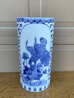 Vintage Chinoiserie Blue and White Porcelain Umbrella Stand