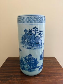 Vintage Chinoiserie Blue and White Porcelain Umbrella Stand
