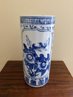 Vintage Chinoiserie Blue and White Porcelain Umbrella Stand
