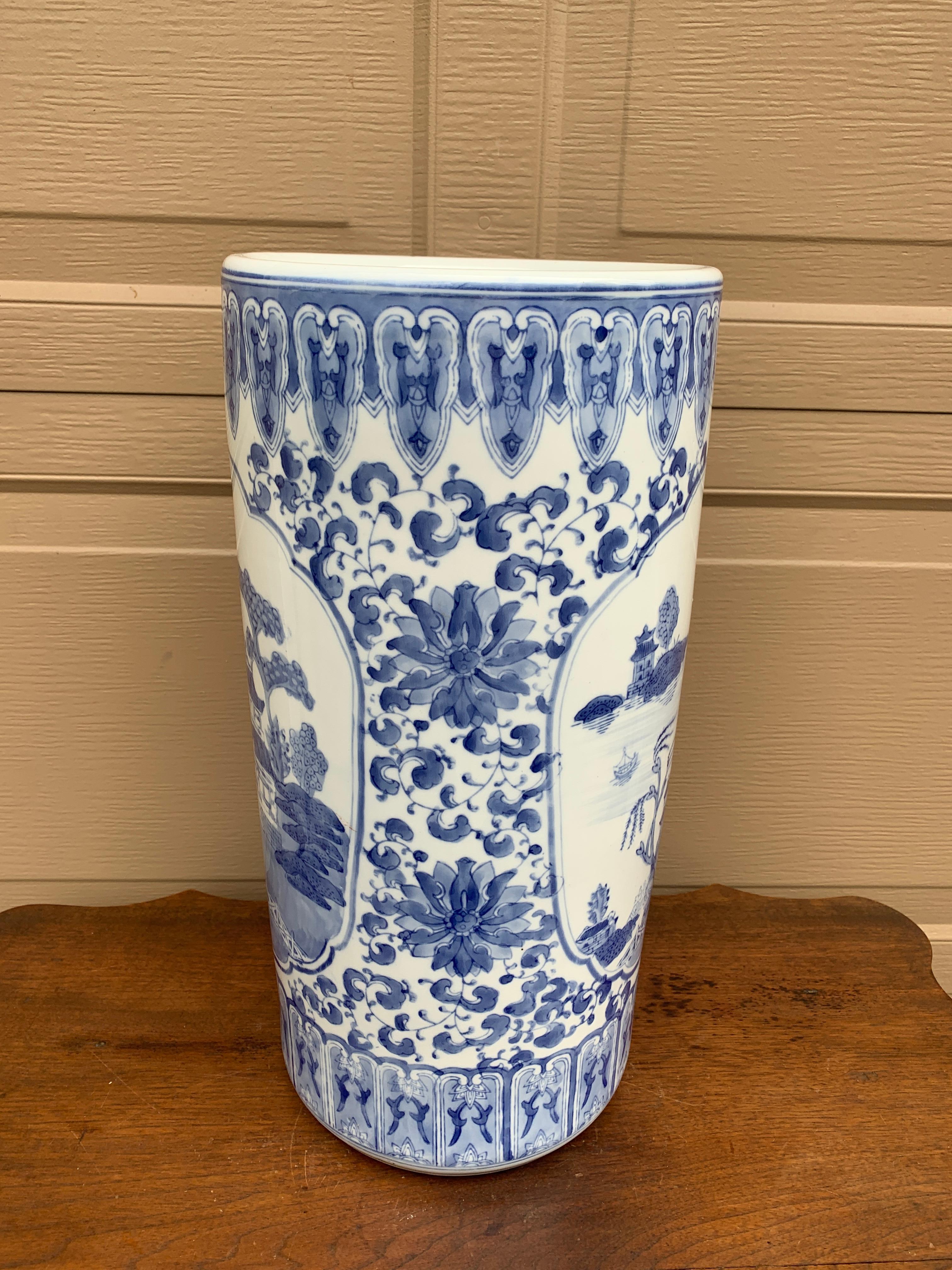 Ceramic Vintage Chinoiserie Blue and White Porcelain Umbrella Stand For Sale