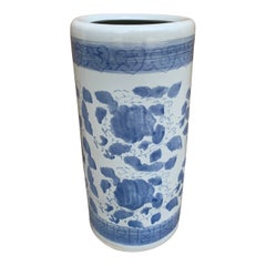 Vintage Chinoiserie Blue and White Porcelain Umbrella Stand