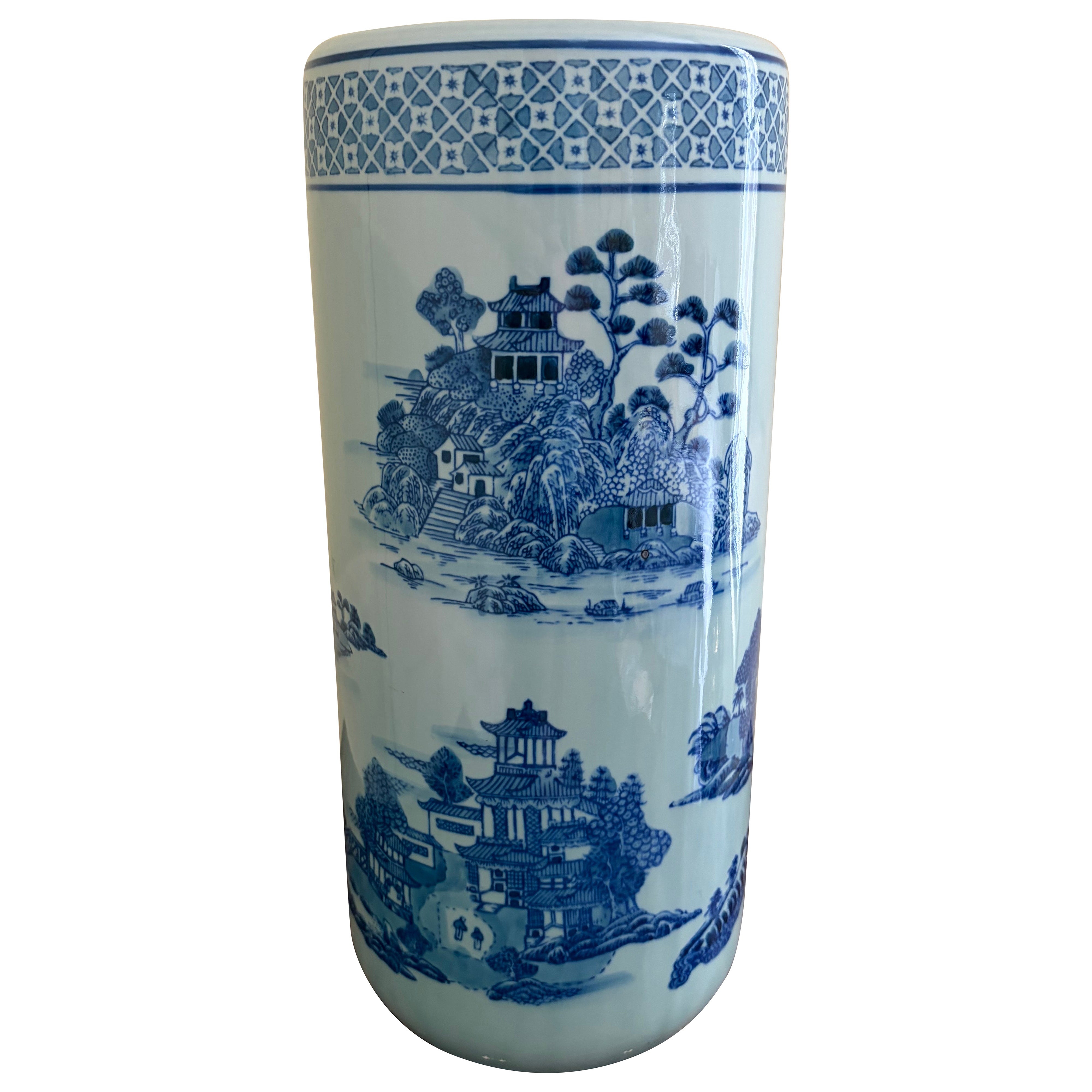 Vintage Chinoiserie Blue and White Porcelain Umbrella Stand
