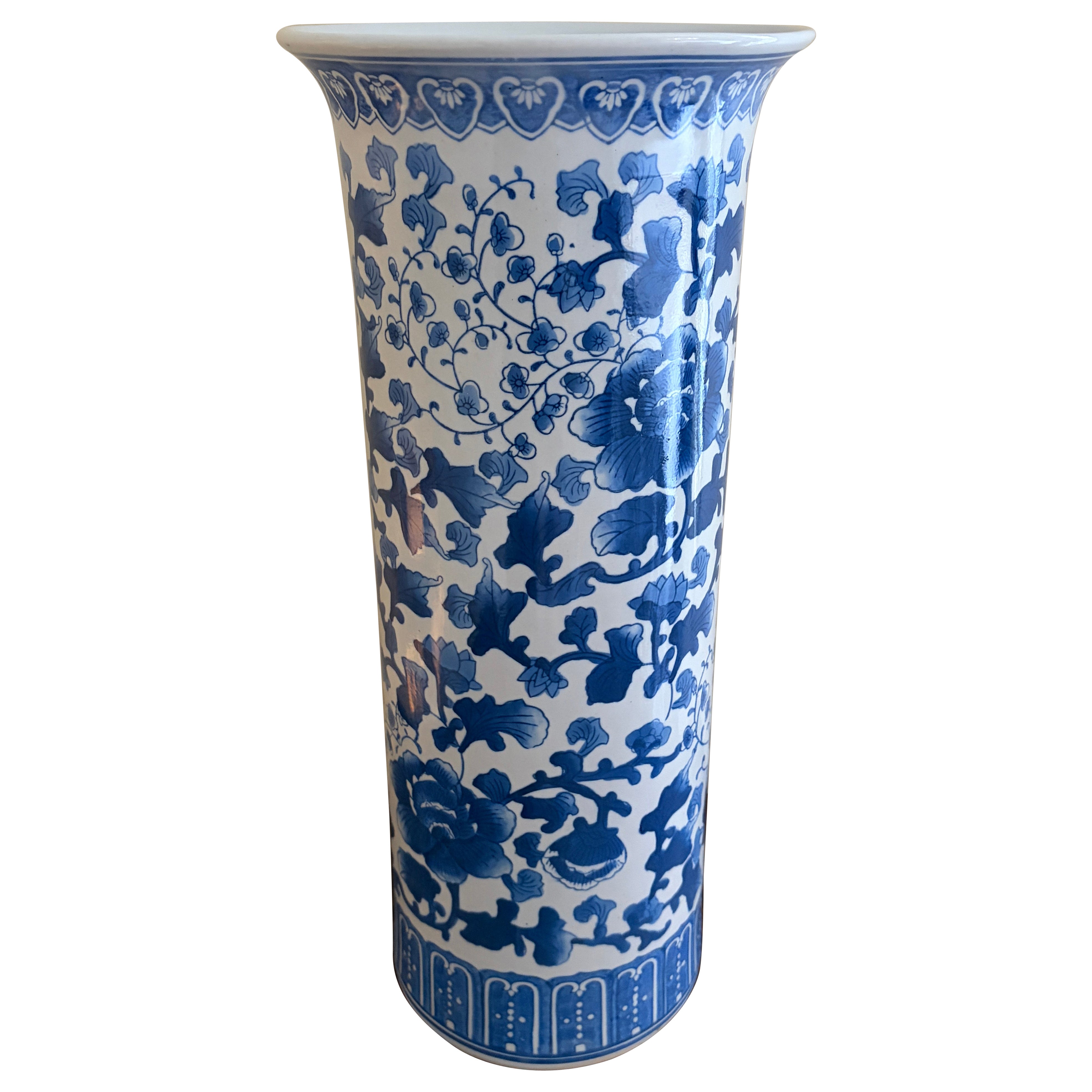 Vintage Chinoiserie Blue and White Porcelain Umbrella Stand