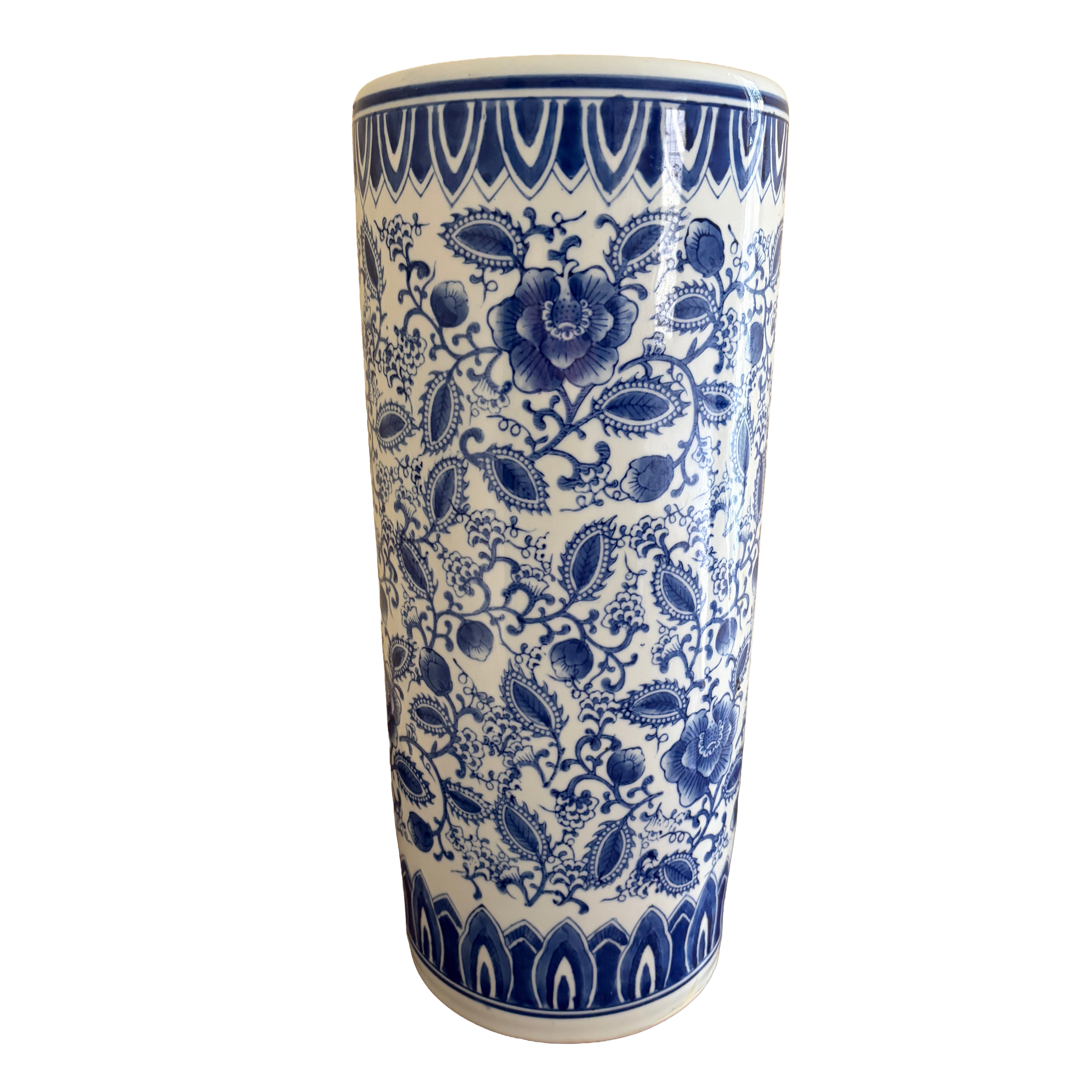 Vintage Chinoiserie Blue and White Porcelain Umbrella Stand