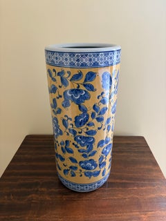 Vintage Chinoiserie Blue and Yellow Porcelain Umbrella Stand