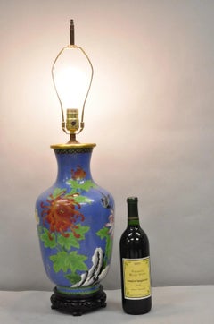 Vintage Chinoiserie Blue Cloisonné Enamel Oriental Brass Satsuma Vase Table Lamp