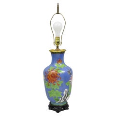 Vintage Chinoiserie Blue Cloisonné Enamel Oriental Brass Satsuma Vase Table Lamp