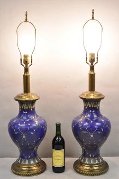 Vintage Chinoiserie Blue Enamel Chinese Brass Jardinierie Table Lamps - a Pair