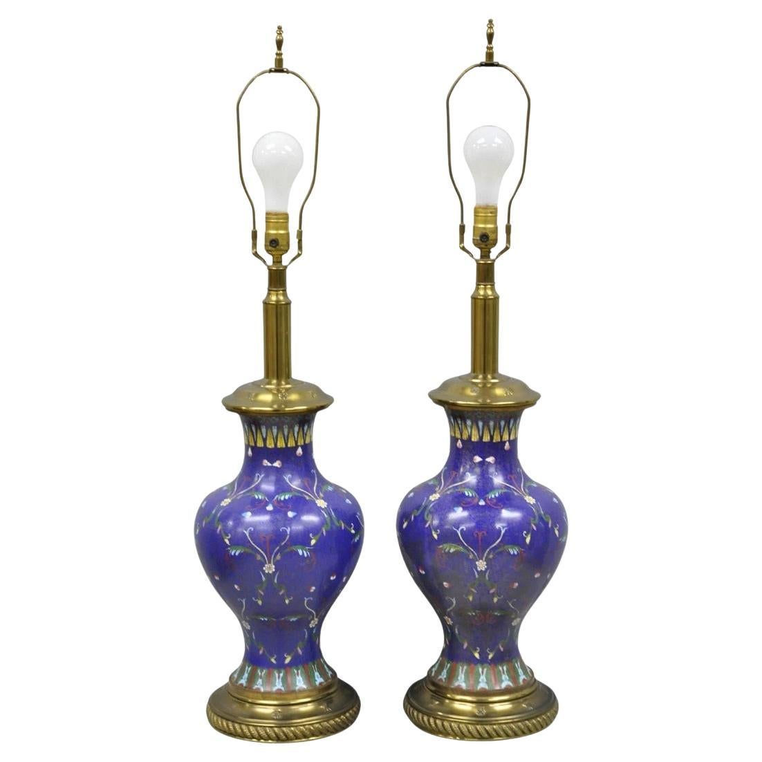 Vintage Chinoiserie Blue Enamel Chinese Brass Jardinierie Table Lamps - a Pair For Sale